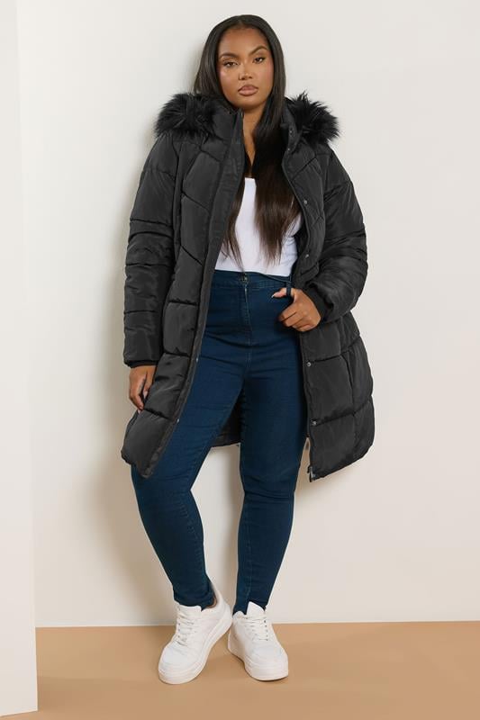 Evans YOURS Curve Black Puffer Midi Coat