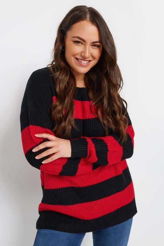 evans YOURS Curve Black & Red Stripe Knitted Jumper