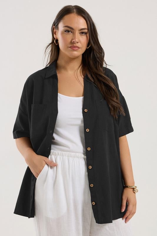 evans YOURS Curve Black Relaxed Linen Shirt