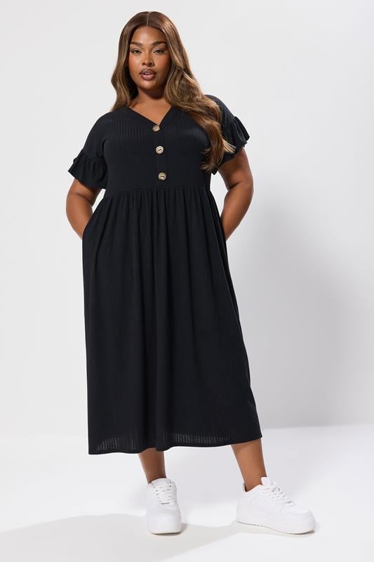 Evans YOURS Curve Black Ribbed Frill Midaxi Dress