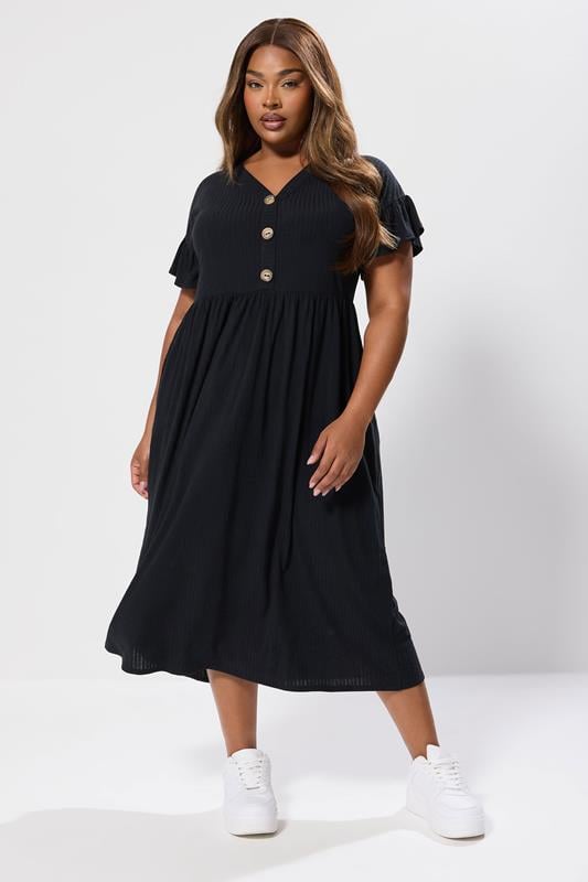 evans YOURS Curve Black Ribbed Frill Midaxi Dress