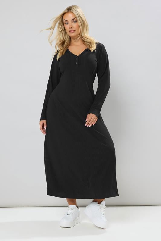 Evans YOURS Curve Black Ribbed Henley Maxi Dress
