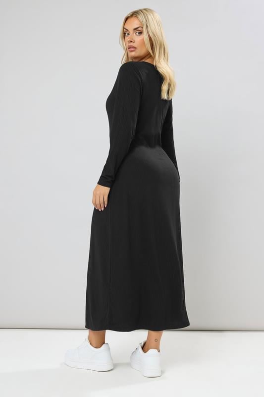 Evans YOURS Curve Black Ribbed Henley Maxi Dress