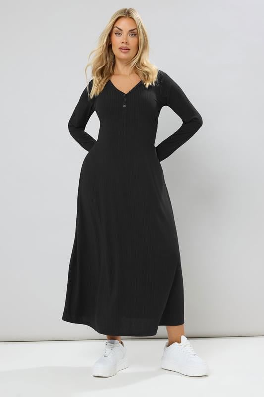 evans YOURS Curve Black Ribbed Henley Maxi Dress