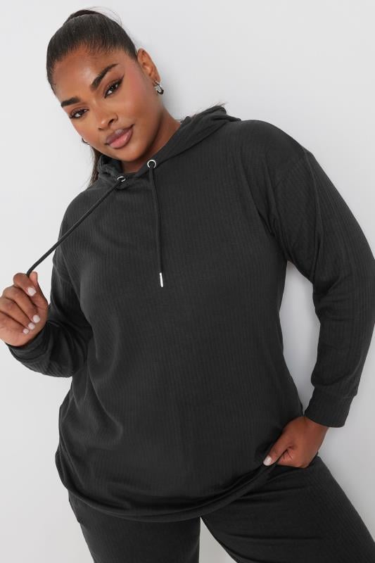 Evans YOURS Curve Black Ribbed Hoodie