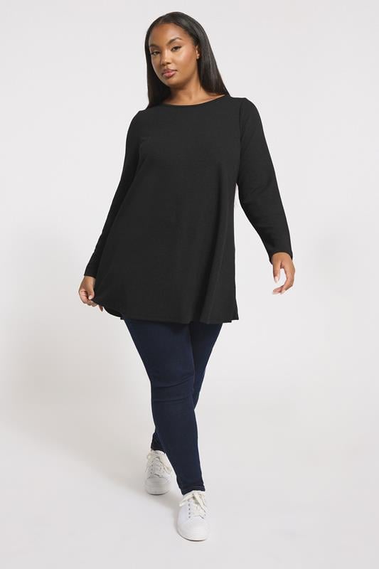 Evans YOURS Curve Black Ribbed Swing T-Shirt