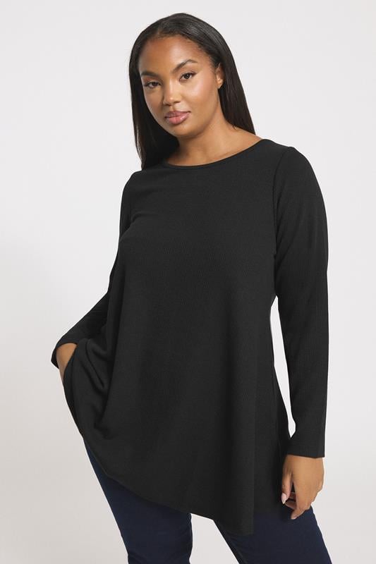 evans YOURS Curve Black Ribbed Swing T-Shirt