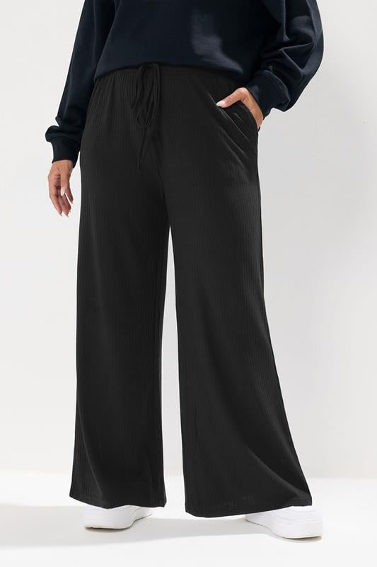 Evans YOURS Curve Black Ribbed Wide Leg Trousers