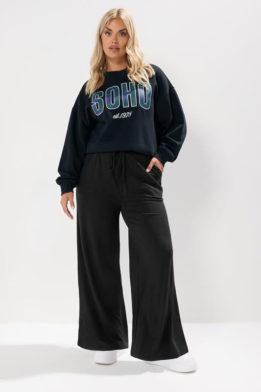 evans YOURS Curve Black Ribbed Wide Leg Trousers