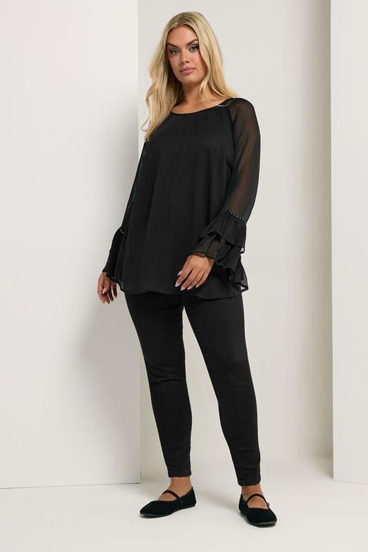 Evans YOURS Curve Black Ruffle Sleeve Stud Top