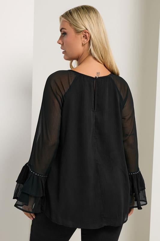 Evans YOURS Curve Black Ruffle Sleeve Stud Top