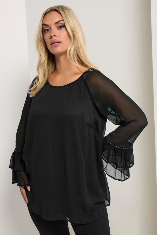 evans YOURS Curve Black Ruffle Sleeve Stud Top
