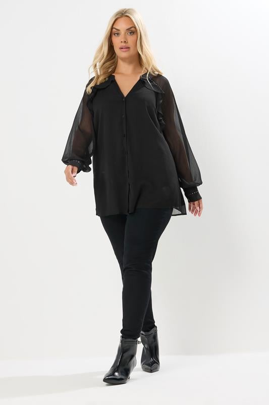 Evans YOURS Curve Black Ruffle Stud Trim Blouse