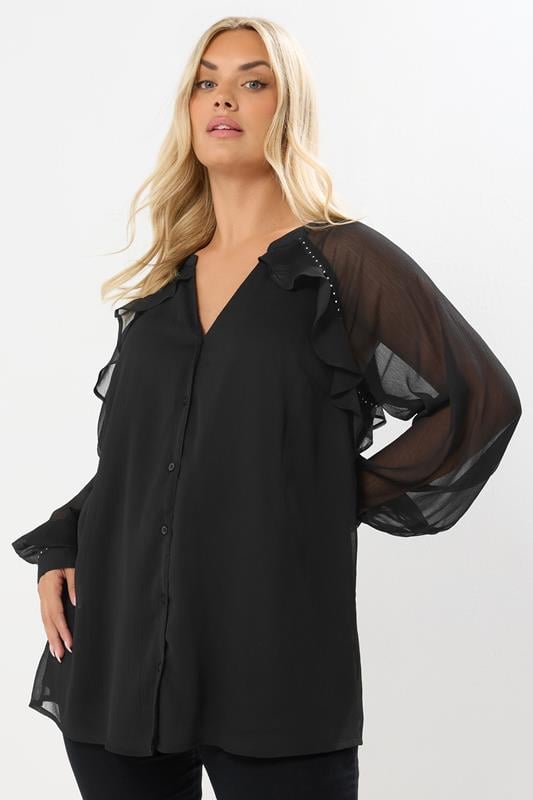 evans YOURS Curve Black Ruffle Stud Trim Blouse