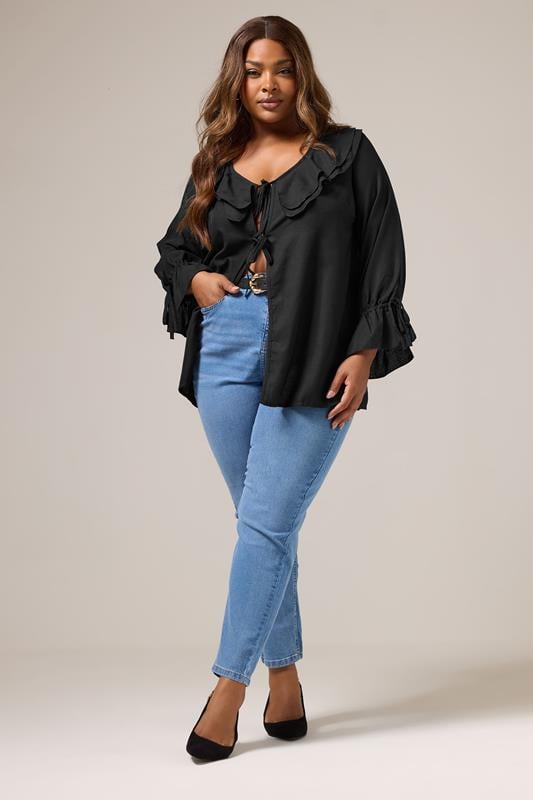 Evans YOURS Curve Black Ruffle Tie Front Blouse