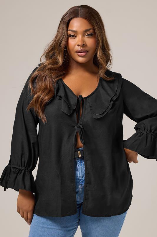 evans YOURS Curve Black Ruffle Tie Front Blouse