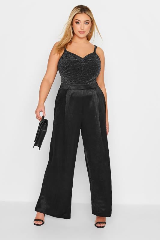 Evans YOURS Curve Black Satin Wide Leg Trousers