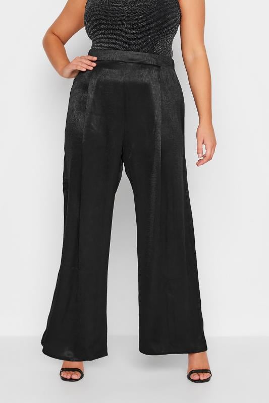 evans YOURS Curve Black Satin Wide Leg Trousers