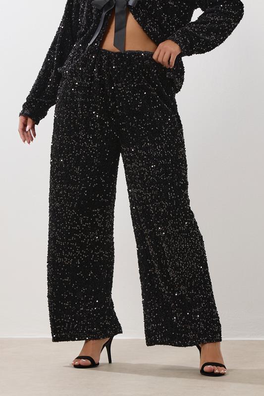 Evans YOURS Curve Black Sequin Wide Leg Trousers