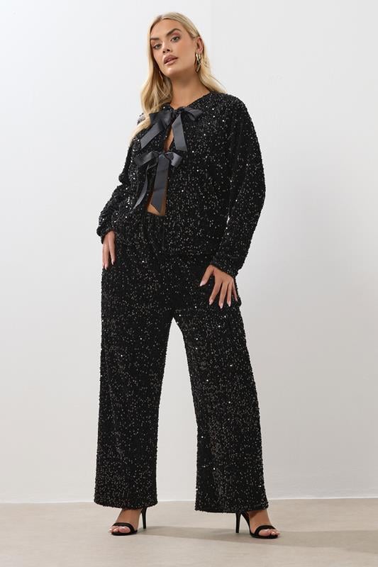 evans YOURS Curve Black Sequin Wide Leg Trousers