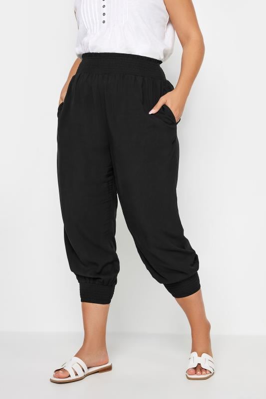 evans YOURS Curve Black Shirred Harem Trousers