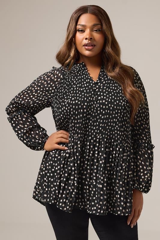 evans YOURS Curve Black Spot Print Pleated Blouse