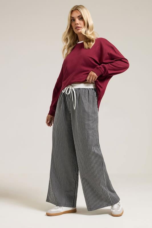 evans YOURS Curve Black Stripe Wide Leg Trousers