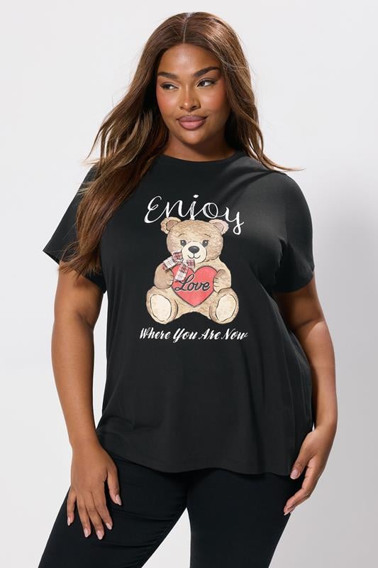 evans YOURS Curve Black Teddy Bear Print T-Shirt