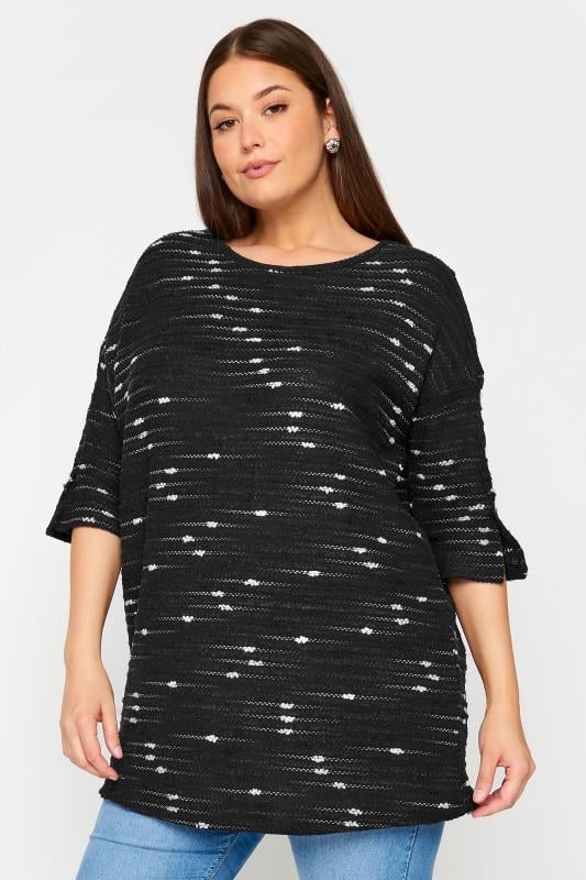 evans YOURS Curve Black Textured Button Sleeve Top