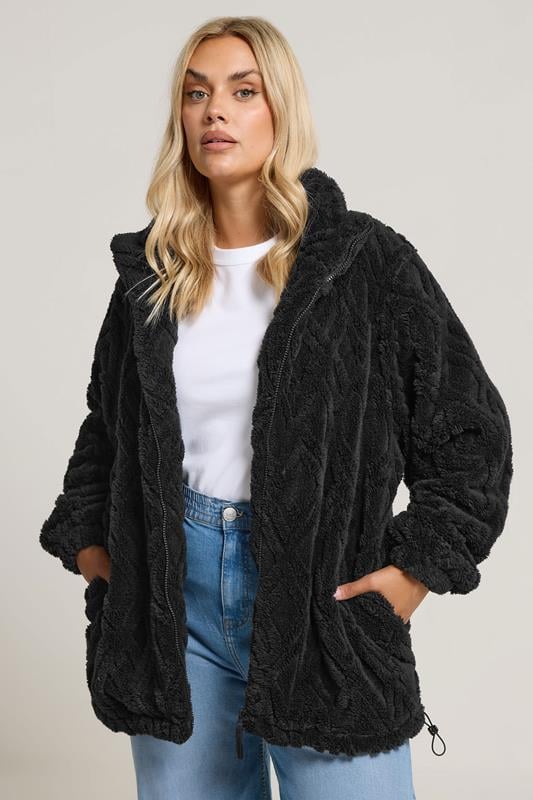 evans YOURS Curve Black Textured Fleece Jacket