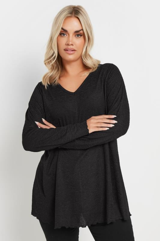 evans YOURS Curve Black Textured Long Sleeve Top