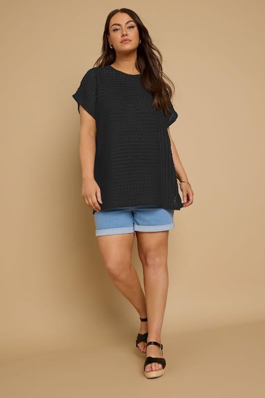 Evans YOURS Curve Black Textured Split Seam Top