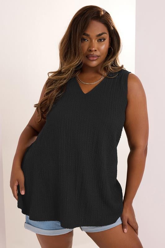 evans YOURS Curve Black Textured Swing Vest Top