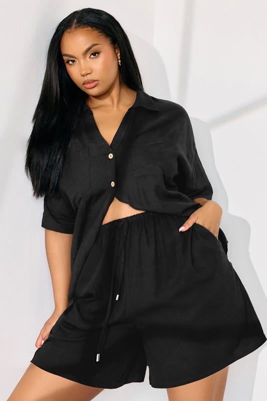 evans YOURS Curve Black Tie Front Linen Shorts