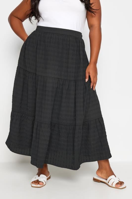 Evans YOURS Curve Black Tiered Checked Midi Skirt