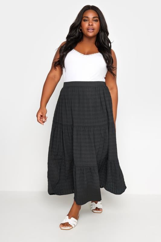 evans YOURS Curve Black Tiered Checked Midi Skirt