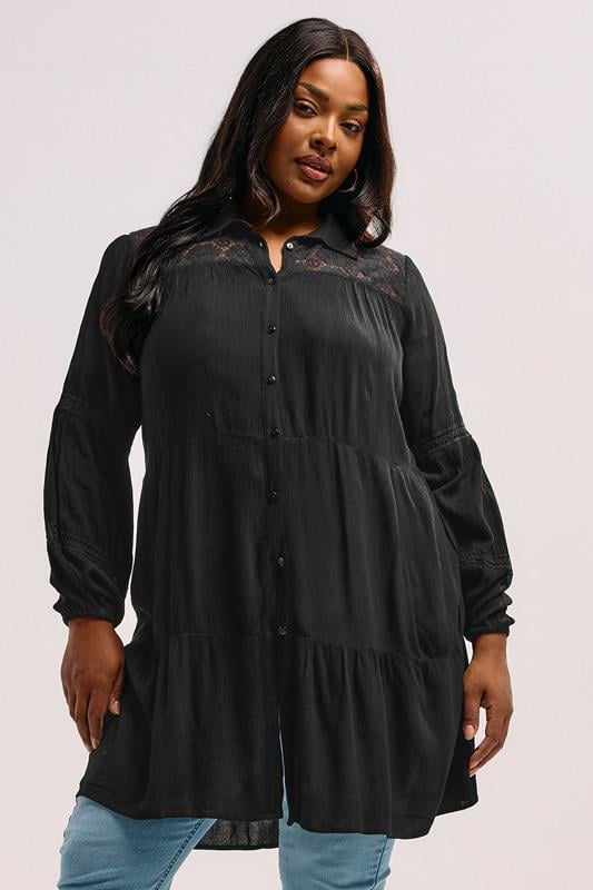 evans YOURS Curve Black Tiered Lace Shirt