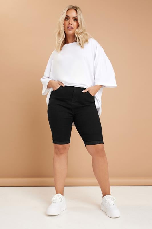 evans YOURS Curve Black Turn Up Denim Shorts