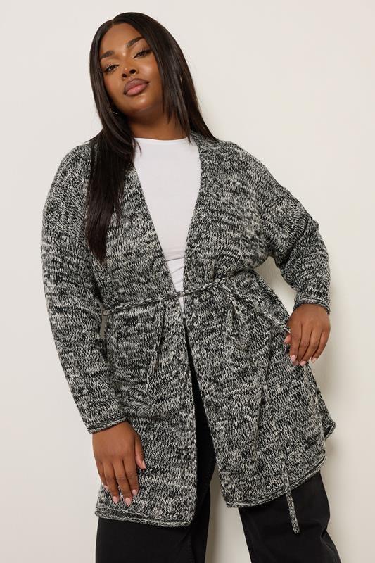 evans YOURS Curve Black Twist Knit Belted Cardigan