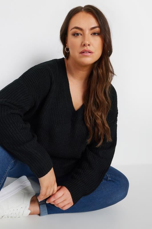 Evans YOURS Curve Black V-Neck Knitted Jumper