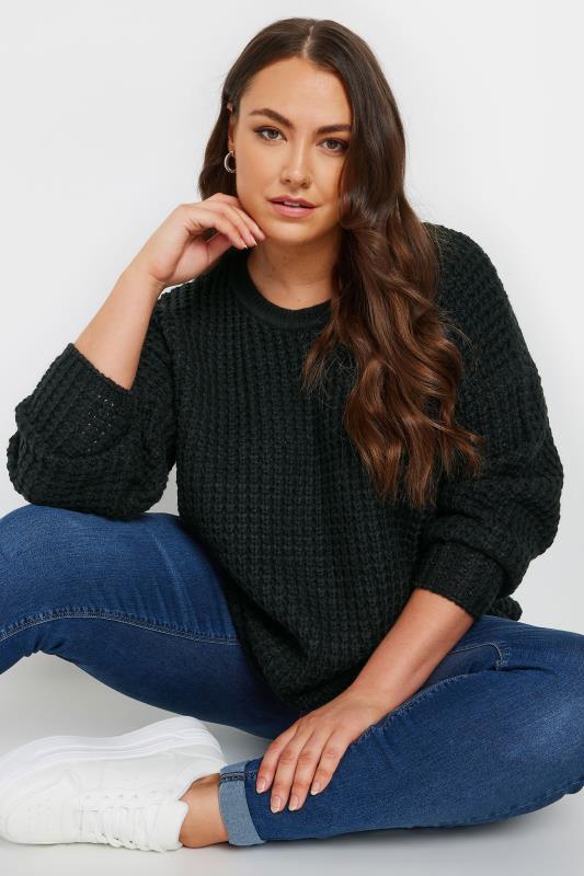 evans YOURS Curve Black Waffle Knit Jumper