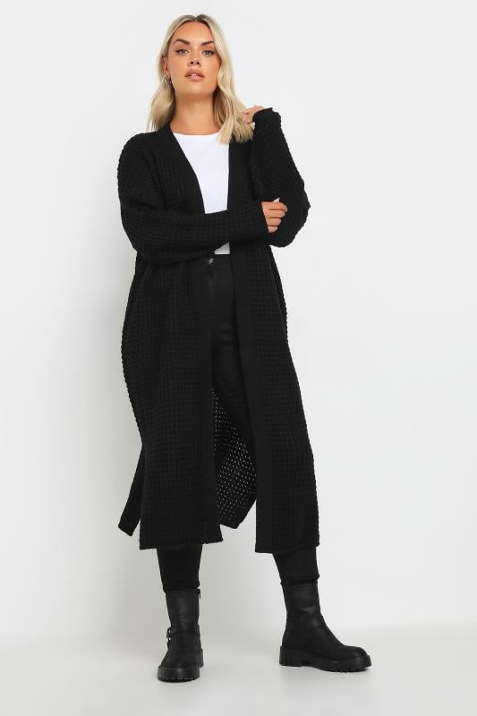 evans YOURS Curve Black Waffle Knit Maxi Cardigan