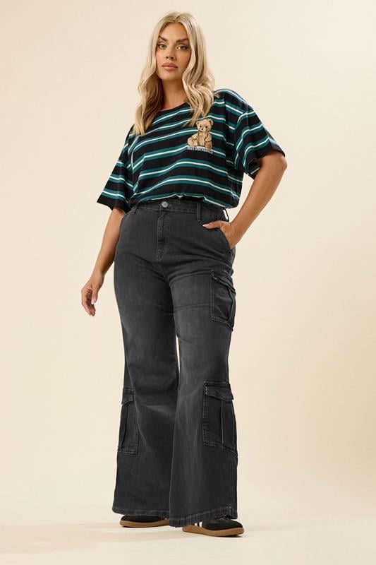 Evans YOURS Curve Black Washed Effect Cargo Jeans