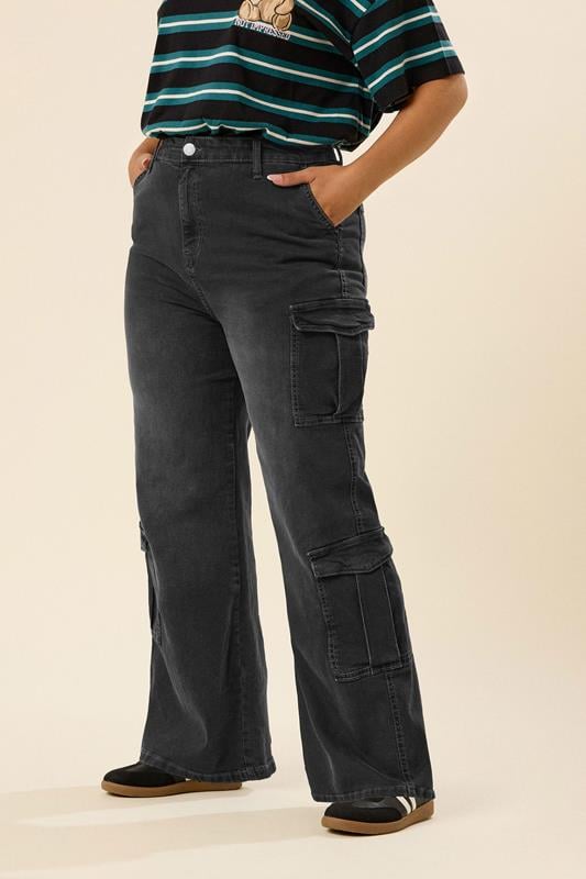 evans YOURS Curve Black Washed Effect Cargo Jeans
