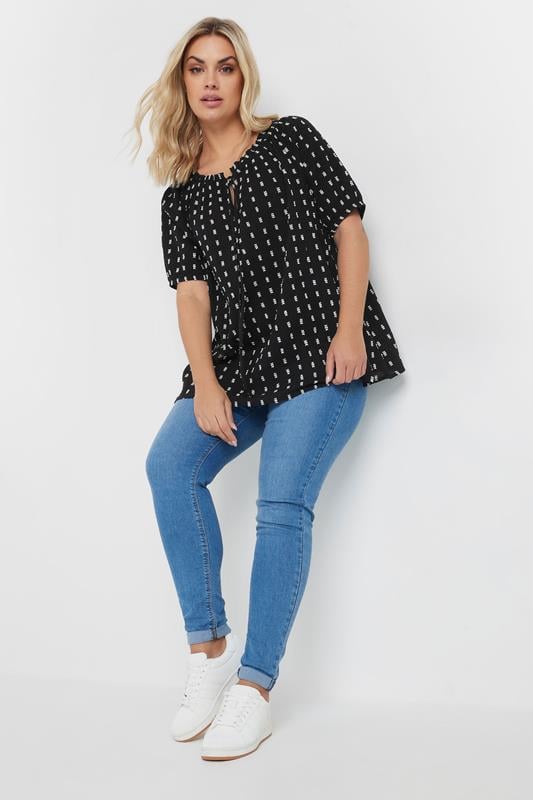 Evans YOURS Curve Black & White Dobby Tie Neck Top