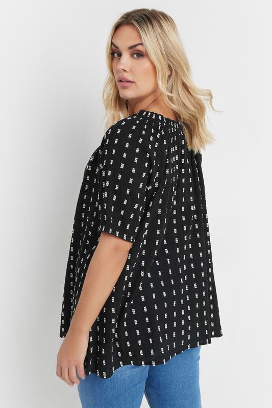 Evans YOURS Curve Black & White Dobby Tie Neck Top