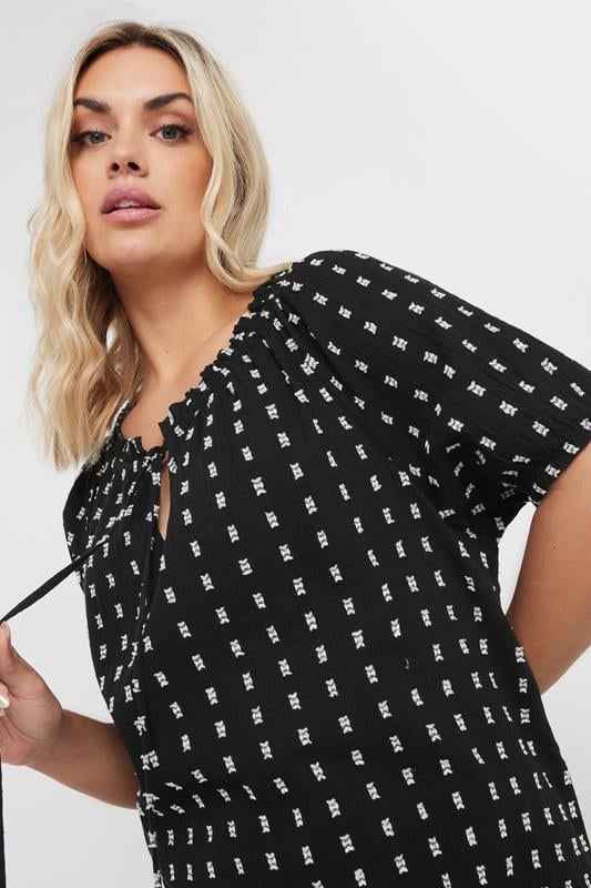 Evans YOURS Curve Black & White Dobby Tie Neck Top