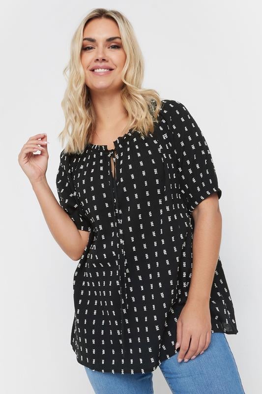 evans YOURS Curve Black & White Dobby Tie Neck Top