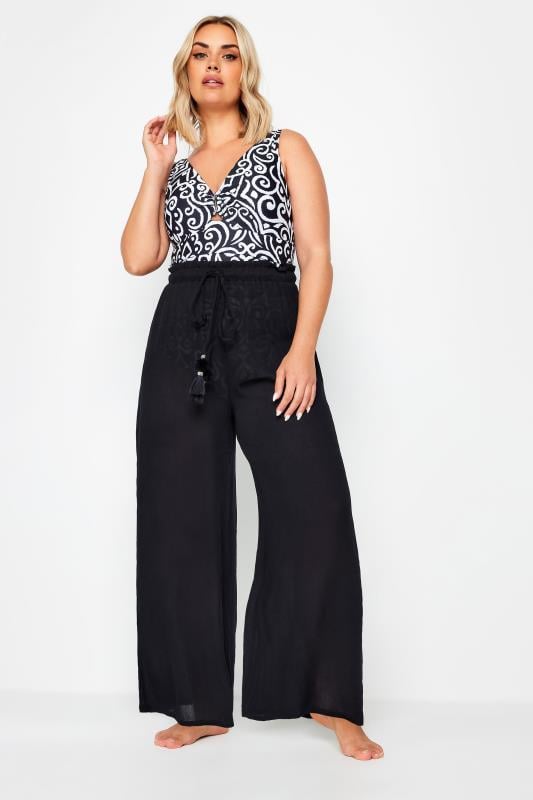 Evans YOURS Curve Black Wide Leg Beach Trousers