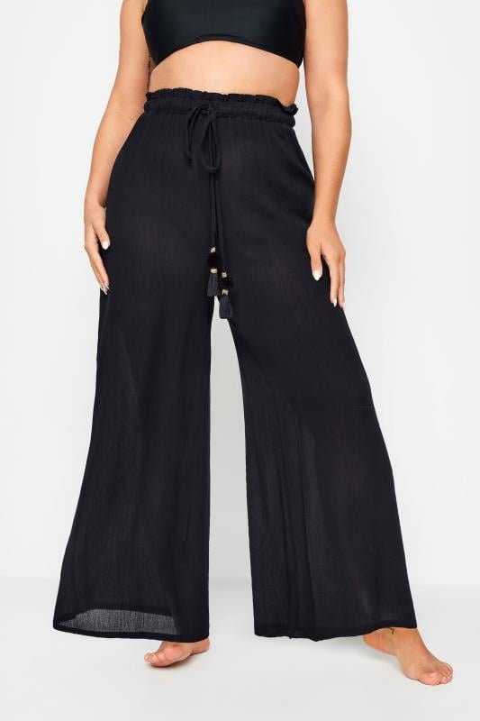 evans YOURS Curve Black Wide Leg Beach Trousers